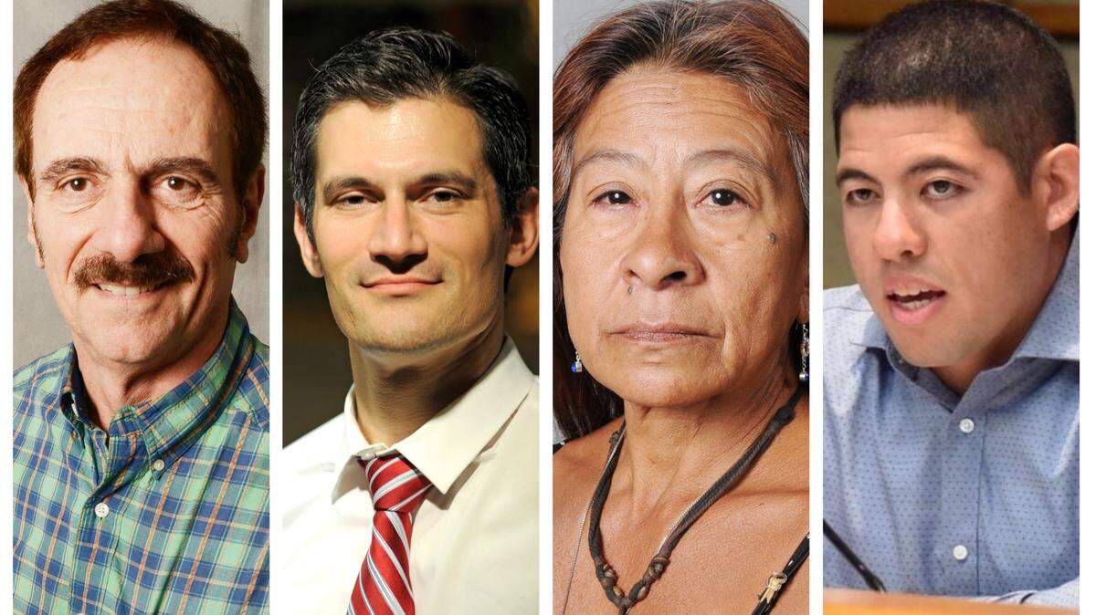 Candidates for Merced mayor are shown left to right: Michael Belloumini, Matt Serratto, Monica Kay Villa and Anthony Martinez.
