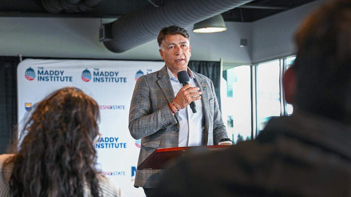 High-Speed Rail CEO Ian Choudri speaks during a meeting hosted by the Maddy Institute in front of an audience at the Kodiak Club at Chukchansi Park in Fresno on Wednesday, Nov. 5, 2025. 