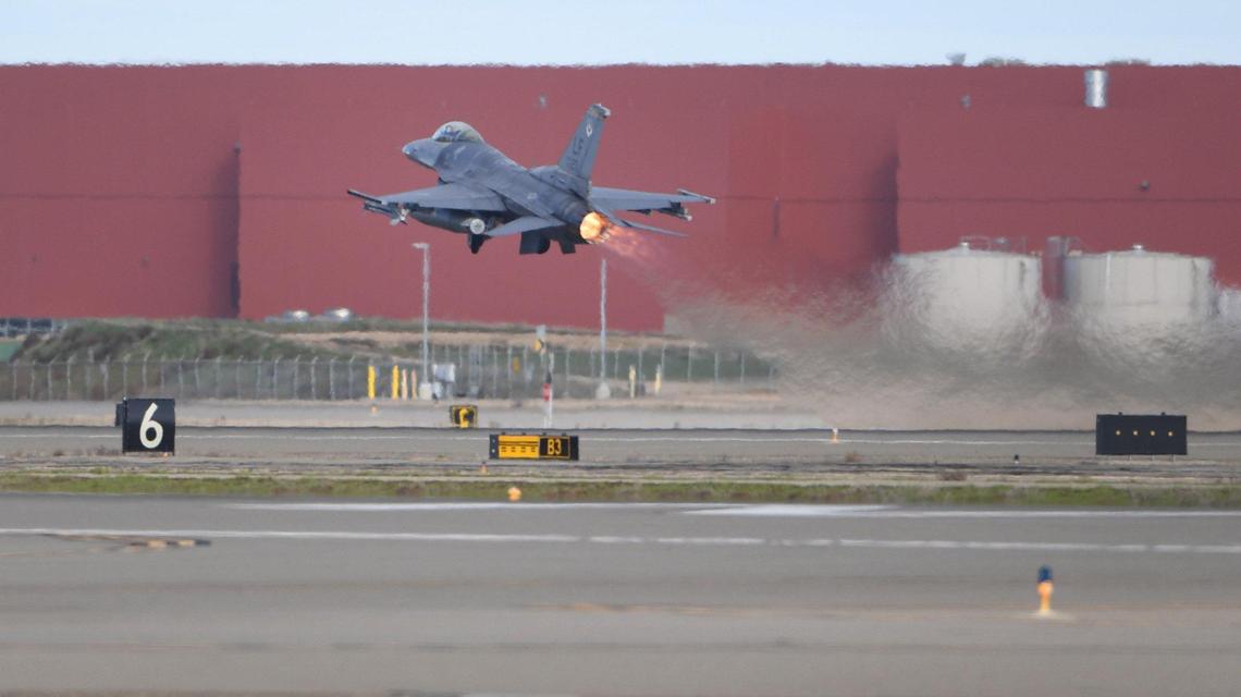An F-16 from Luke Air Force Base, Arizona, takes off from Fresno Yosemite International Airport during the Valley Thunder training exercises hosted by Fresno’s 144th Fighter Wing of the Air National Guard on Wednesday, Jan. 3, 2021.