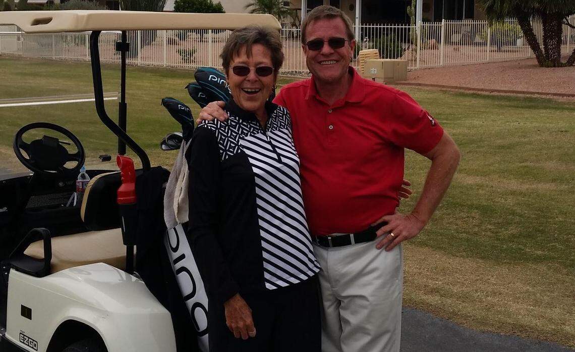 Shelley Hamlin with her brother, Kent Hamlin, after she won her last professional event in the Legends Honors Division at the Walgreens Charity Classic in 2017 near her home in Laveen, Arizona.