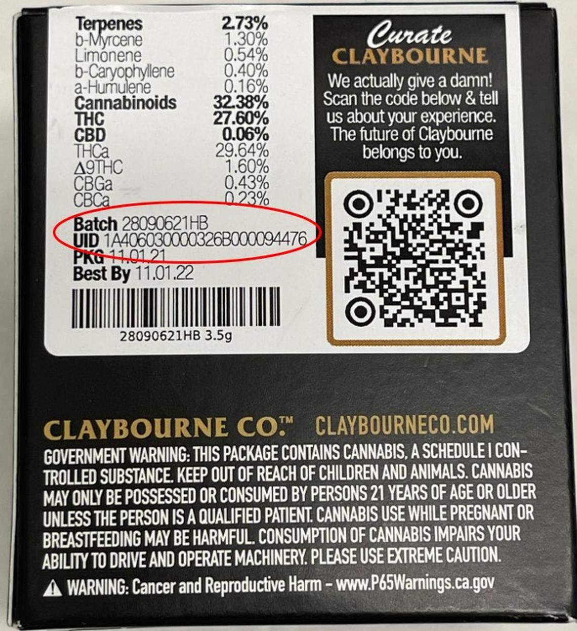 The back of a sample of Claybourne Co.’s Head Banger with batch UID numbers.