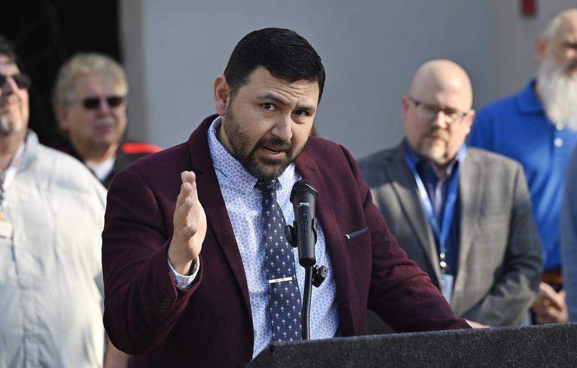 Fresno Teachers Association president Manuel Bonilla helps announcea a temporary solution has been reached regarding a disruption of health insurance for retirees between Community Medical Centers and Aetna during a press conference held Thursday, Jan. 15, 2026 in Fresno.