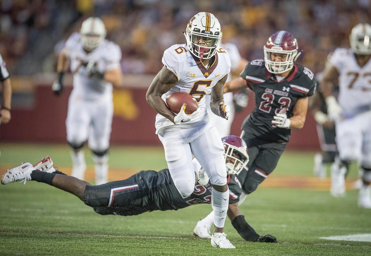 Minnesota wide receiver Tyler Johnson (6) breaks away for a 33-yard touchdown in the second quarter against New Mexico State at TCF Bank Stadium in Minneapolis on Thursday, Aug. 30, 2018.