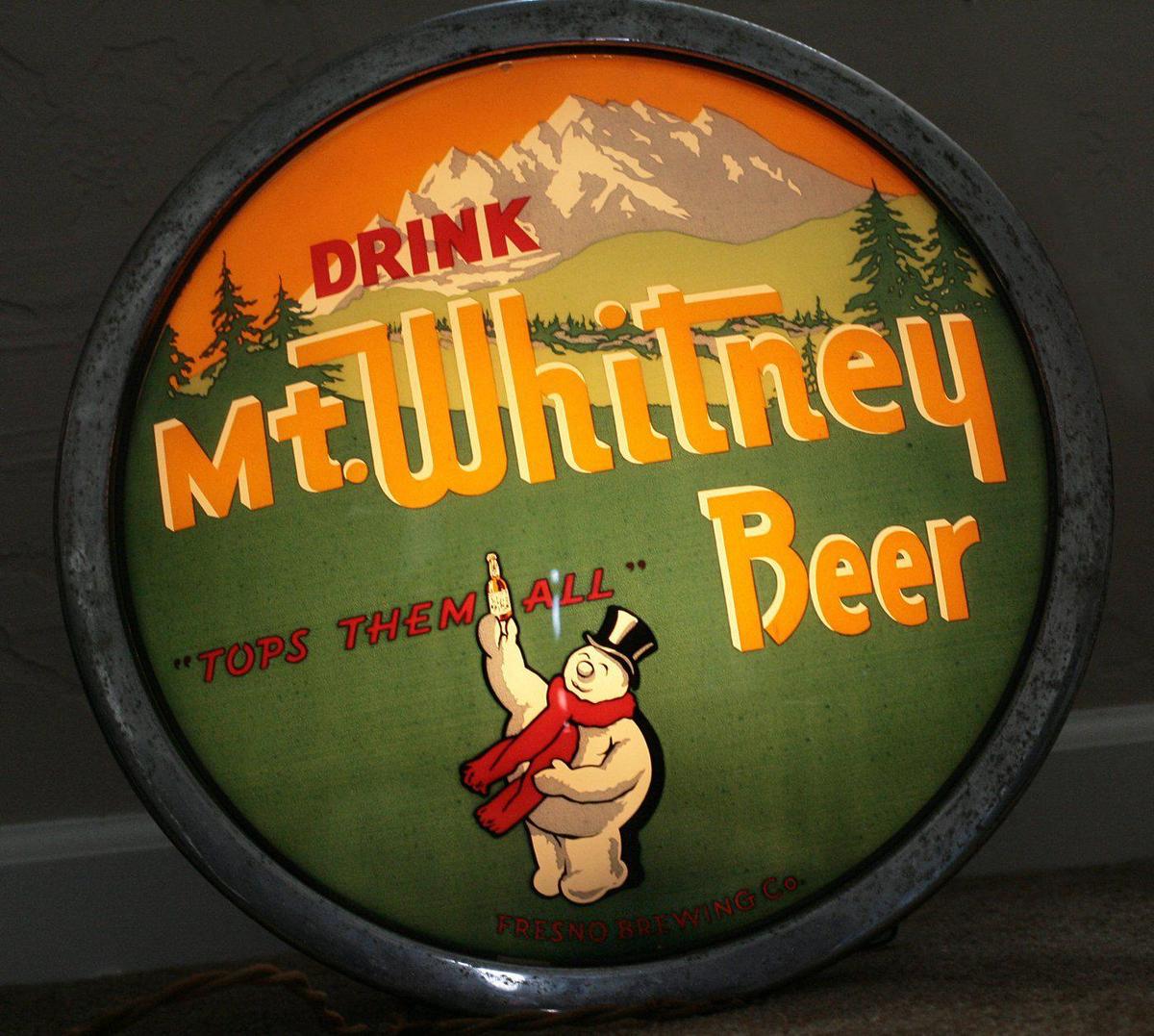 Lit advertising sign for Fresno Brewing Company’s Mt. Whitney beer, circa 1940s.