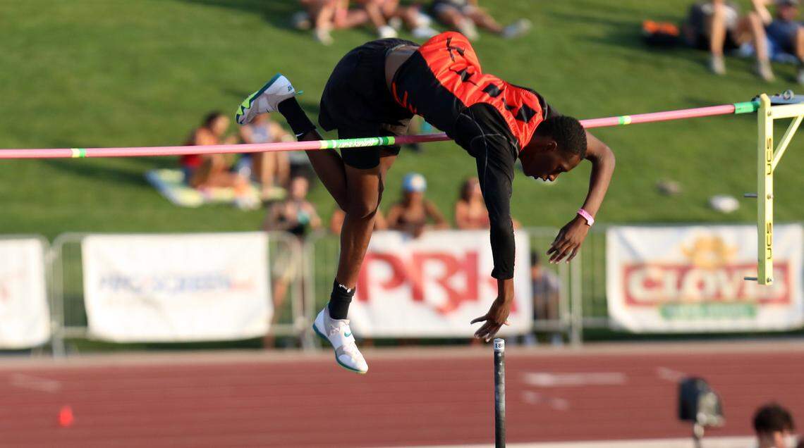 Pittsburg High senior Khaliq Muhammad clears 17-10 1/2 to win the boys pole vault at the California Interscholastic Federation Track and Field Championships at Veterans Stadium in Clovis on May 31, 2025.