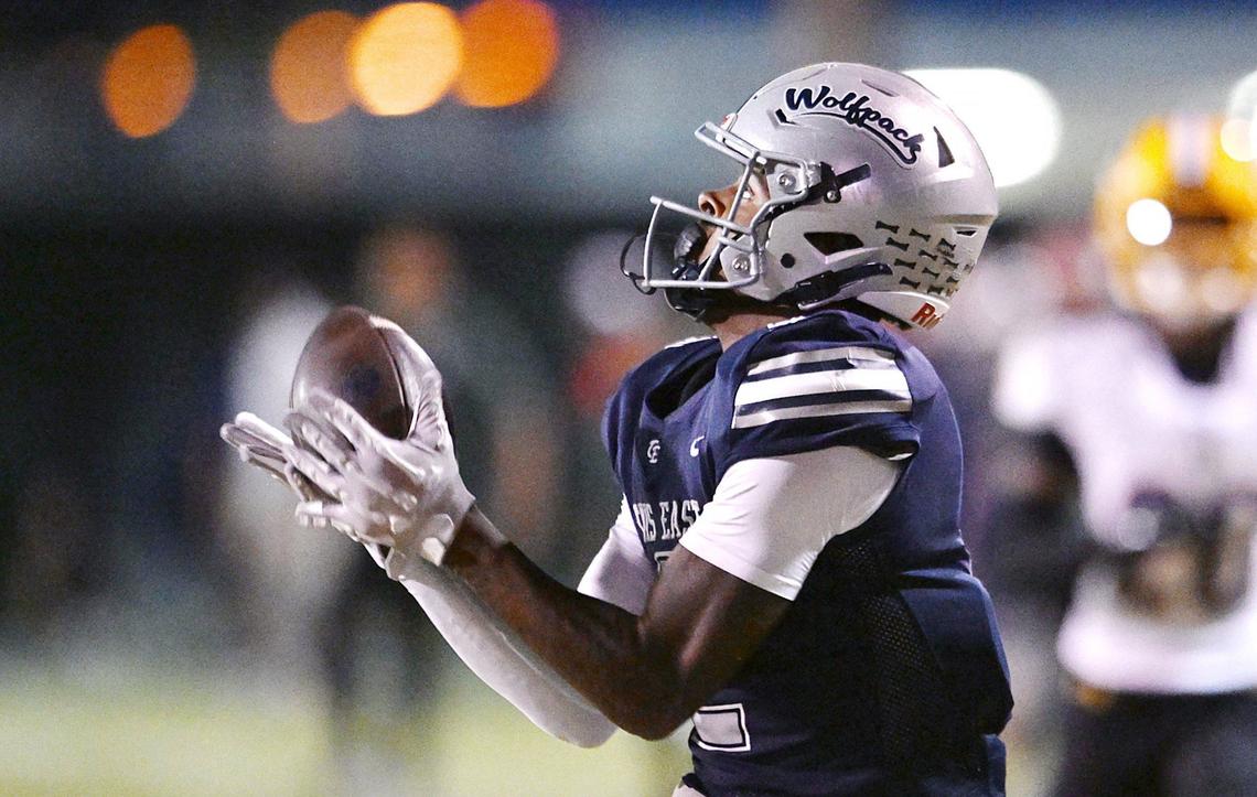 Clovis East wide receiver Harold Duvall makes the catch for a touchdown against Grant Union Friday, Sept. 13, 2024 in Clovis.