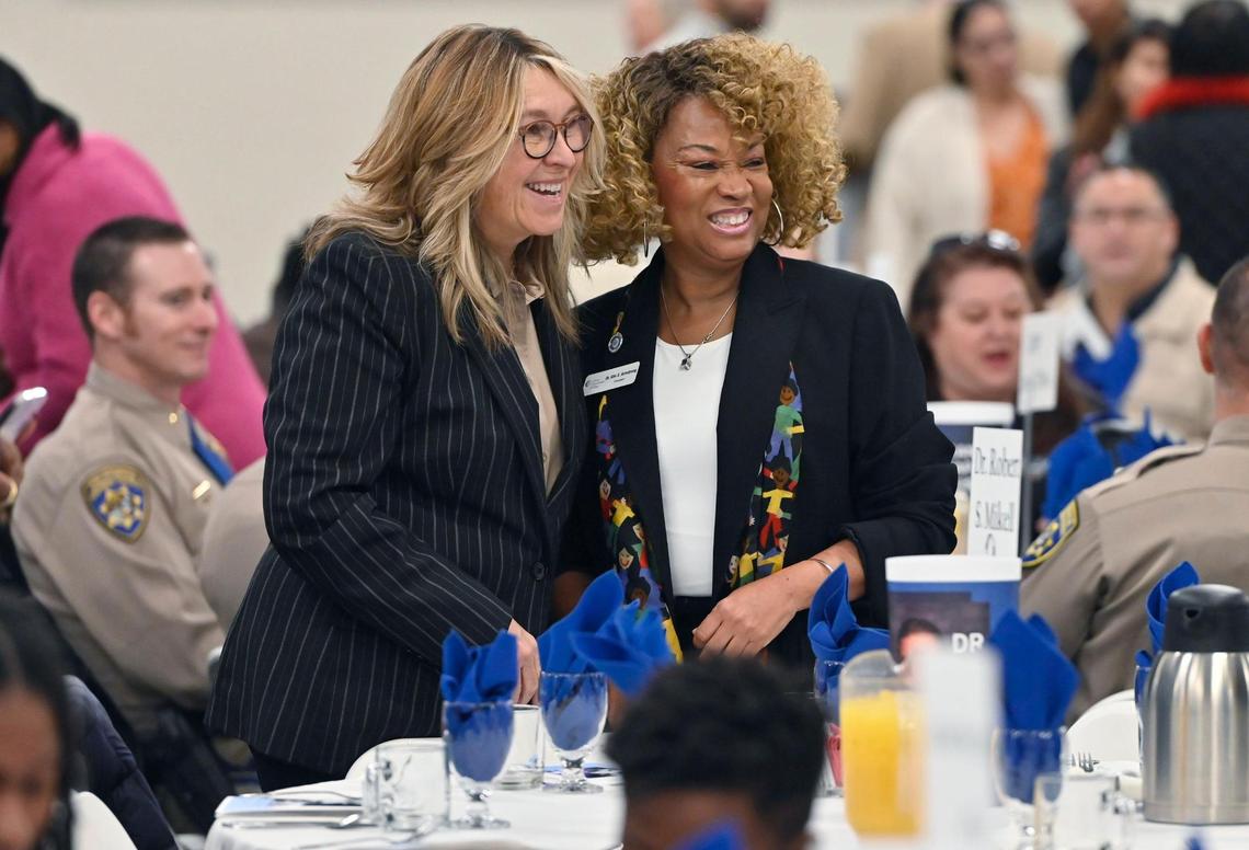 State Center Community College District Chancellor Dr. Carole Goldsmith, left, poses with keynote speaker Dr. Kim E. Armstrong, left, at the Clovis Police Department’s Community Breakfast celebrating Martin Luther King Jr. Day Saturday morning, Jan. 13, 2024 in Clovis.