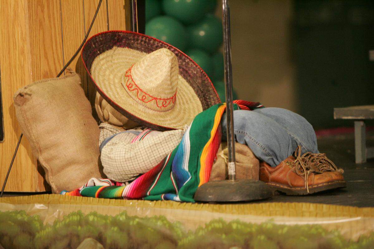 A dummy is dressed as a sleeping Mexican at the 2009 Fresno County Academic Decathlon held at Clovis East High School. Organizers later apologize for the racist display.