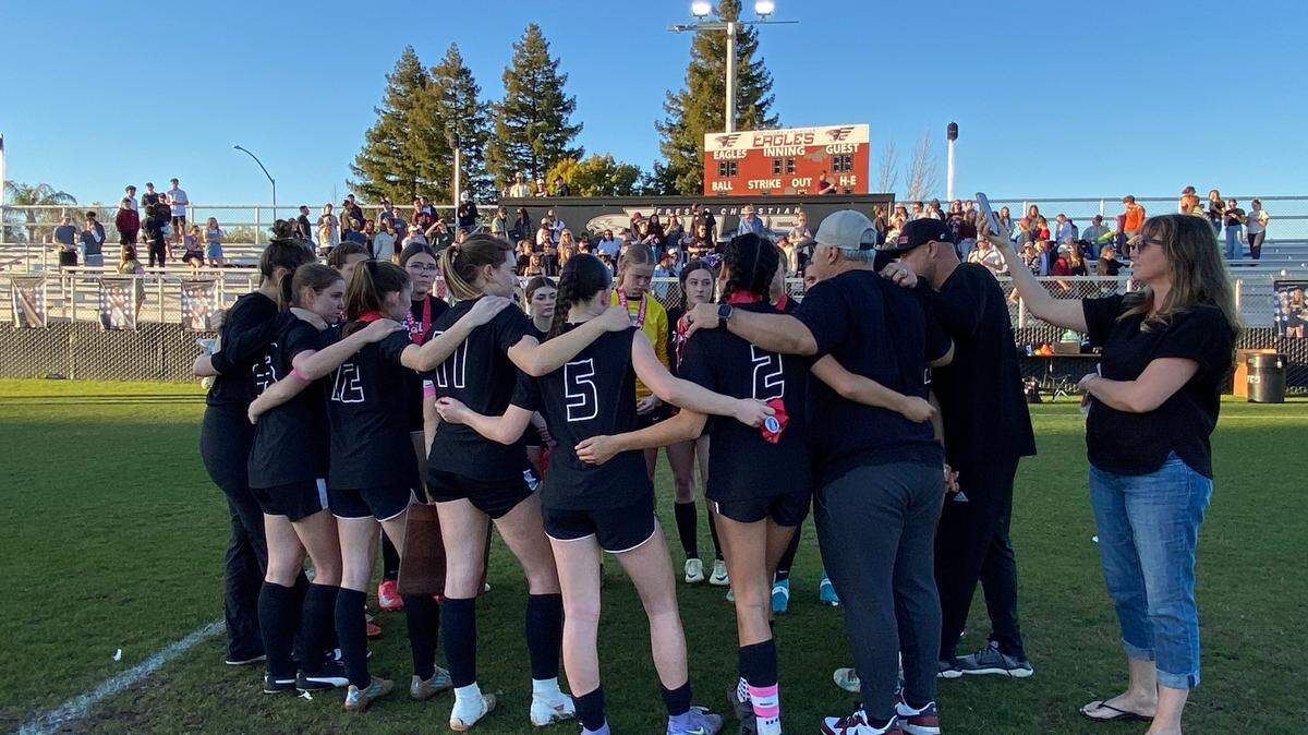 Fresno Christian coach Matthew Markarian talks to his team after a 3-2 loss to Sacred Heart Prep-Atherton in the CIF Northern California Division IV regional championship game on Saturday, March 8, 2025.