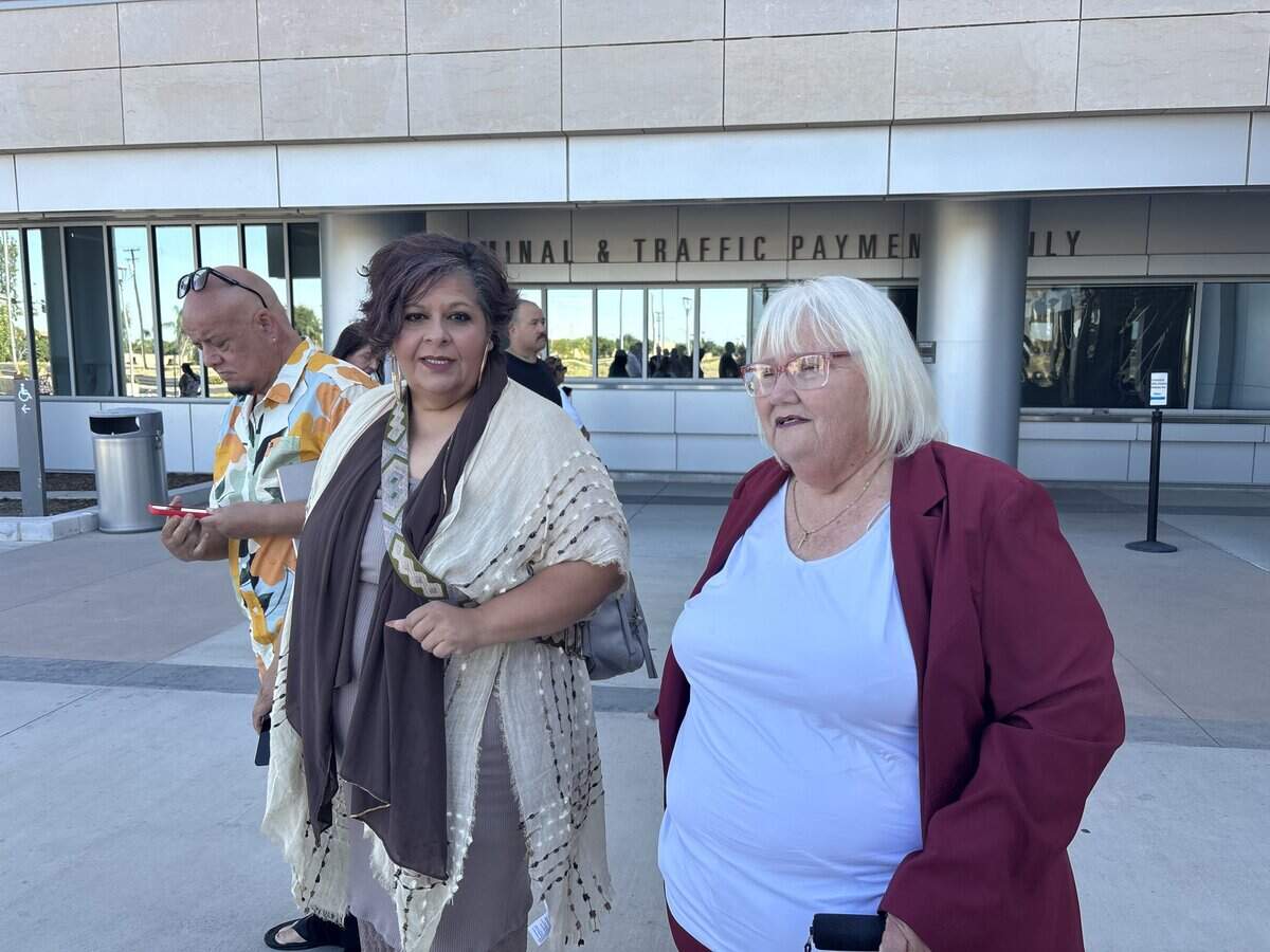 Recall proponents Dalila Barajas and Kelly Guzman speak outside the Kings County courthouse in Hanford on Monday, June 29, 2026, after a judge continued the civil injunction case against the city until next month.
