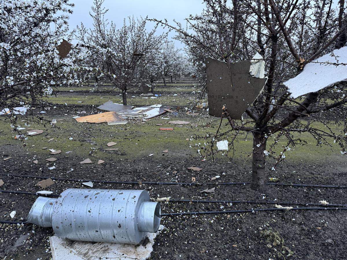 Debris left behind after a roof at a fire station in Tranquillity was ripped apart after a reported funnel on Monday, Feb. 16, 2026.