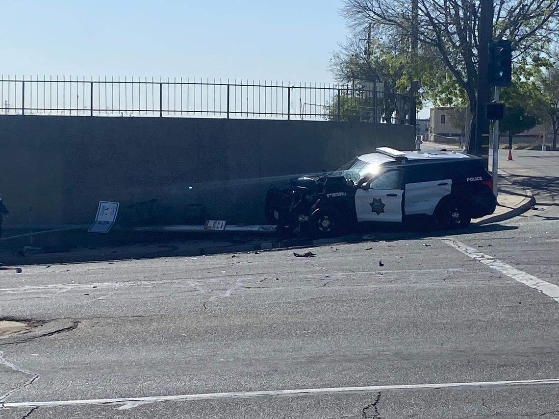 A Fresno police officer was involved in a crash with a Honda while responding to a call on Friday, April 14, 2023.