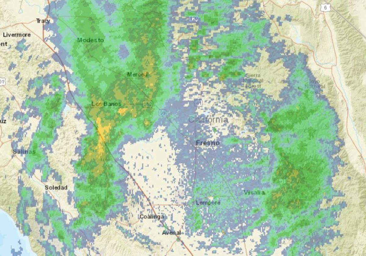 National Weather Service radar for Fresno and the central San Joaquin Valley showed rainfall as patches of blue, green and yellow shortly before 7 a.m. Saturday, April 16, 2022.