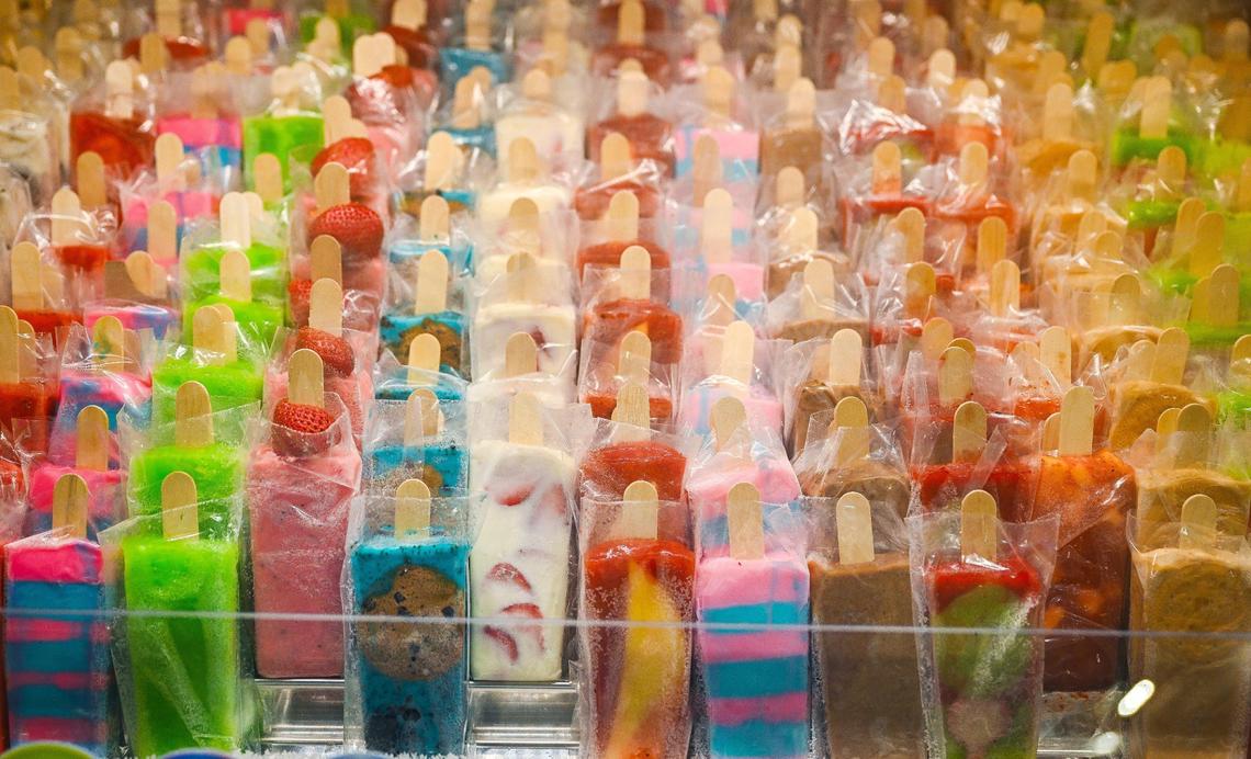 Paletas are displayed in a case at the new El Super supermarket on the north end of Manchester Center in Fresno on Wednesday, June 25, 2025.