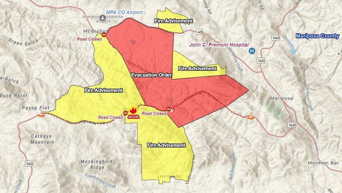 Areas wes of Mariposa, California under evacuation orders on Tuesday, July 19, 2022, are depicted in red, while evacuation advisories are noted in yellow, on this map of the area threatened by the Agua Fire. The fire began Monday afternoon, July 18.