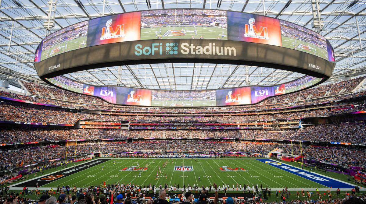 The scoreboard at SoFi Stadium stretches 120 yards, weighs 2.2 million pounds, contains 70,000 square feet of digital LED and houses 268 speakers.