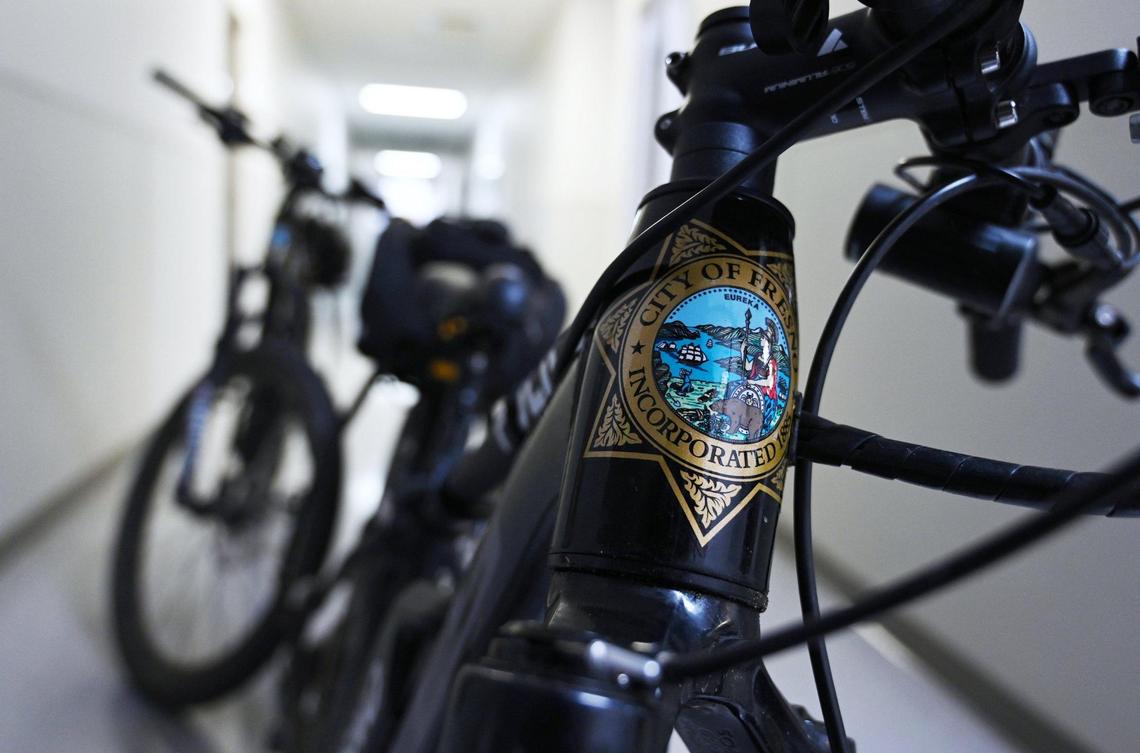 Fresno police officers Dustin Freeman and Luke Tran ride electric-assist bicycles on their bike patrols. Photographed at the northeast substation Saturday afternoon, July 30, 2022 in Fresno.
