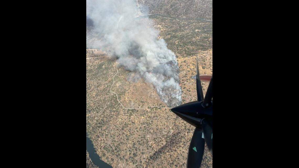 An aerial view of a wildland fire on the 37000 block of Powerhouse Road near the community of Auberry on Tuesday, Sept. 6, 2022.