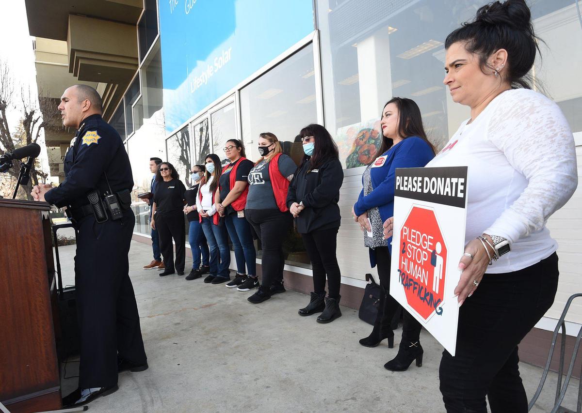 Fresno Police Chief Paco Balderrama speaks at a press conference as local leaders and anti-human trafficking organizations from Fresno, Clovis and Madera counties kicked off the 5th Annual Pledge to Stop Trafficking event (PTST), Tuesday, Jan 18, 2022, at Blackstone and Shaw. He said: “human trafficking is a significant problem in the Fresno community. We have a lot of victims out there that need rescuing, who need help, need assistance. Us as law enforcement, we can’t arrest ourselves out of this issue, we need to provide resources and education to the people who really need it. Rescuing young ladies from this lifestyle- the addiction, the intimidation, the abuse they receive, is really high on our priority list.”