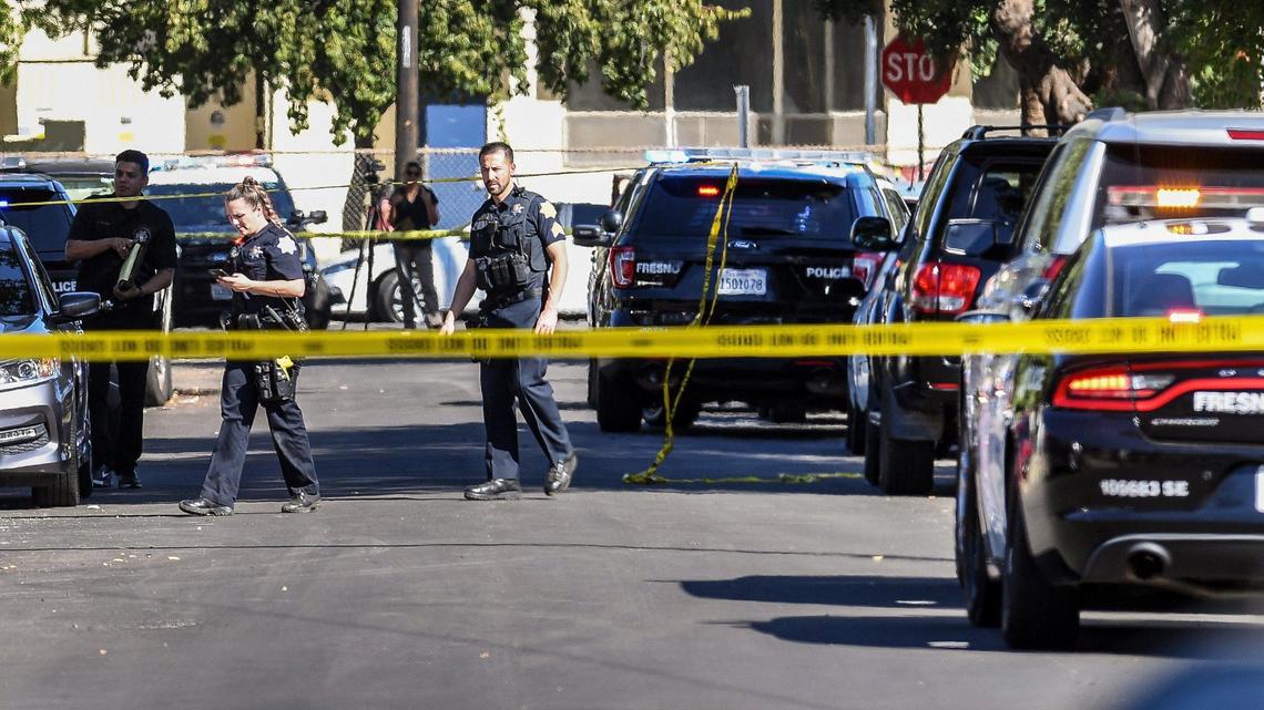 Fresno Police investigate the scene of a shooting in the 4600 block of East Iowa Avenue, near Tulare and Maple avenues in southeast Fresno on Thursday, Sept. 29, 2022.