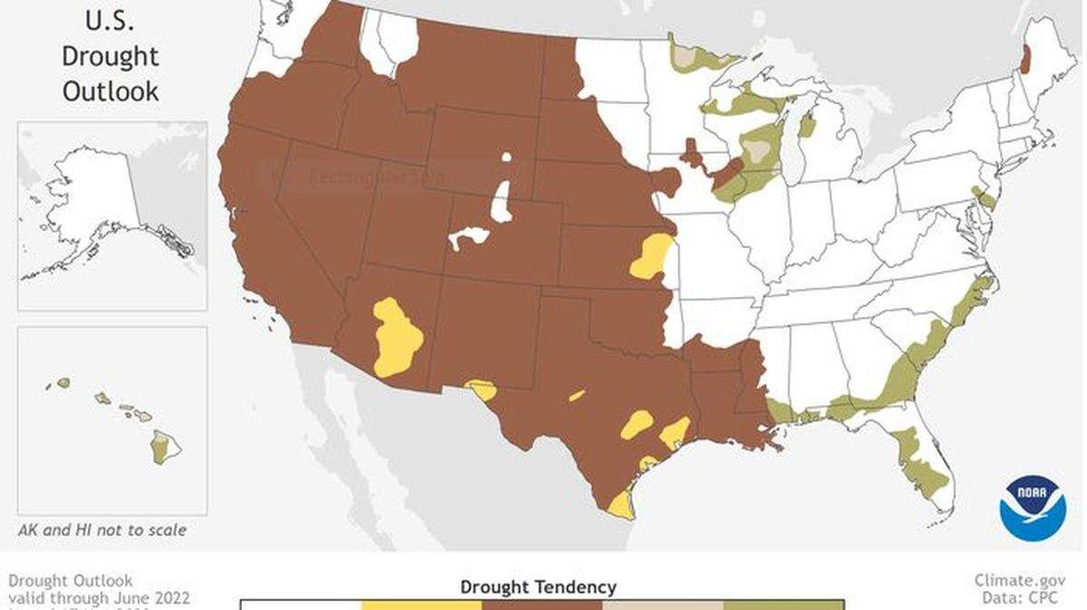 More than a 50 percent chance of drought is likely for the western half of the United States from March through June, according to the National Oceanic and Atmospheric Administration.