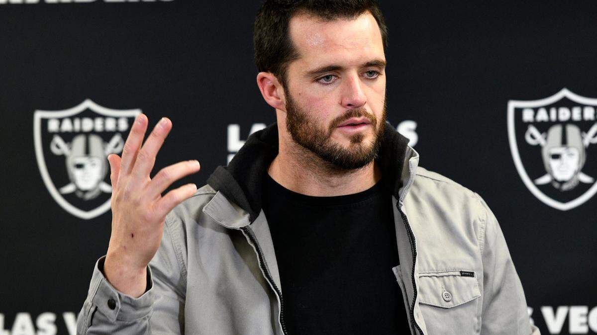 Las Vegas Raiders quarterback Derek Carr meets with reporters after an NFL game in Pittsburgh, Saturday, Dec. 24, 2022.