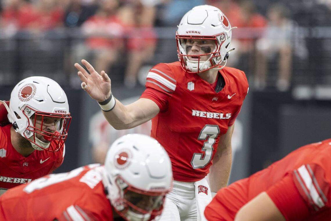 UNLV quarterback Matthew Sluka (3) directs the offensive line during the college football game against Utah Tech at Allegiant Stadium, Saturday, Sept. 7, 2024, in Las Vegas. (Daniel Jacobi II/Las Vegas Review-Journal/TNS)