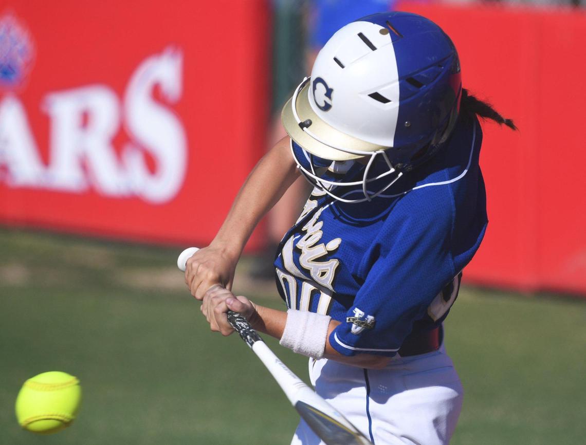 Clovis High’s Ashley Rocha connects against Buchanan in the Central Section Division I semifinal game Tuesday, May 24, 2022 in Clovis.