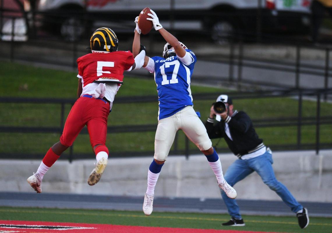 Edison’s Charles Bailey II, playing for City, left, breaks up a pass intended for Kerman’s Eli Quinones, playing for County, right, at the City/County All-Star football game held at McLane High’s stadium Friday night, June 17, 2022 in Fresno. The game ended 21-21.