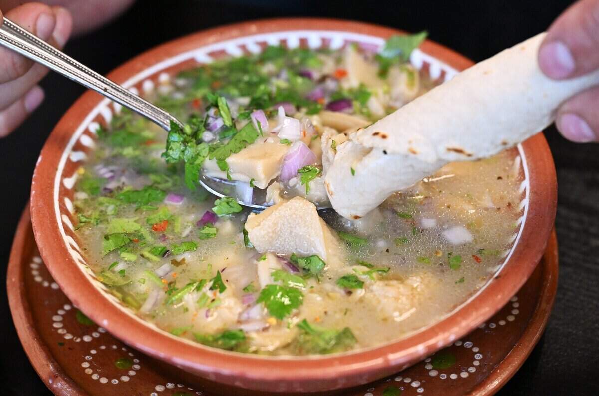 Aaron Rodriguez has opened Tacos de Res El Sinaloense specializing in regional food from Sinaloa, Mexico including this white menudo, photographed Thursday, July 2, 2026 in Fresno.