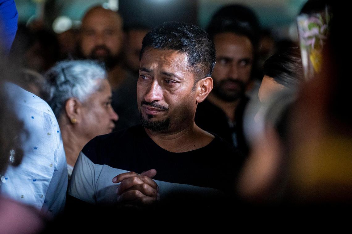 Sukhdeep Singh, a relative of kidnapping victims 8-month-old Aroohi Dheri, her parents Jasleen Kaur, 27, and Jasdeep Singh, 36, and her uncle Amandeep Singh, 39, speaks with community members at the conclusion of a vigil at Bob Hart Square in Merced, Calif., on Thursday, Oct. 6, 2022. The bodies of the four kidnapping victims were found in a rural area of Merced County north of Dos Palos on Wednesday. Authorities said the family was kidnapped at gunpoint Monday from a Merced County business.