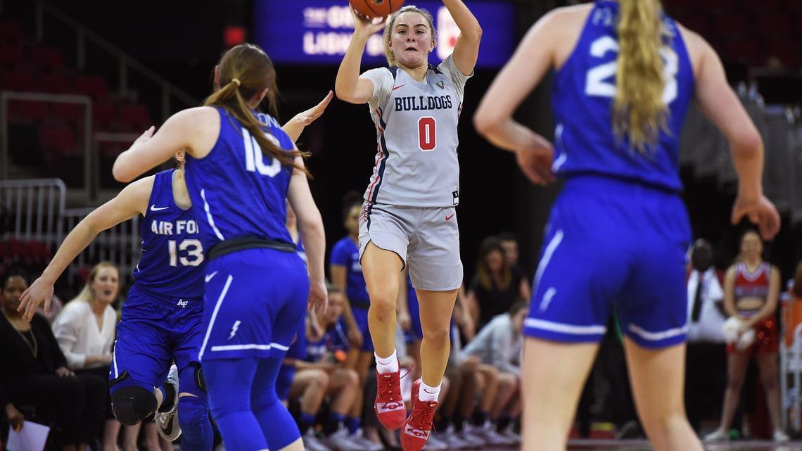 Fresno State guard Hanna Cavinder gets off a shot against Air Force Wednesday, Jan. 29, 2020 in Fresno.