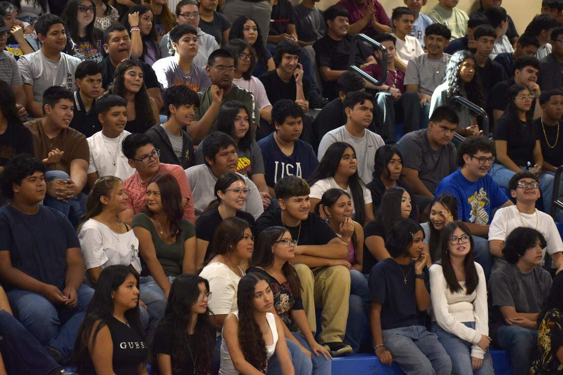 Students fill the seats in the Parlier High School gym to capacity Aug. 29, 2024, for a speech by Katya Echazarreta, the first Mexican-born woman ever to fly to space.