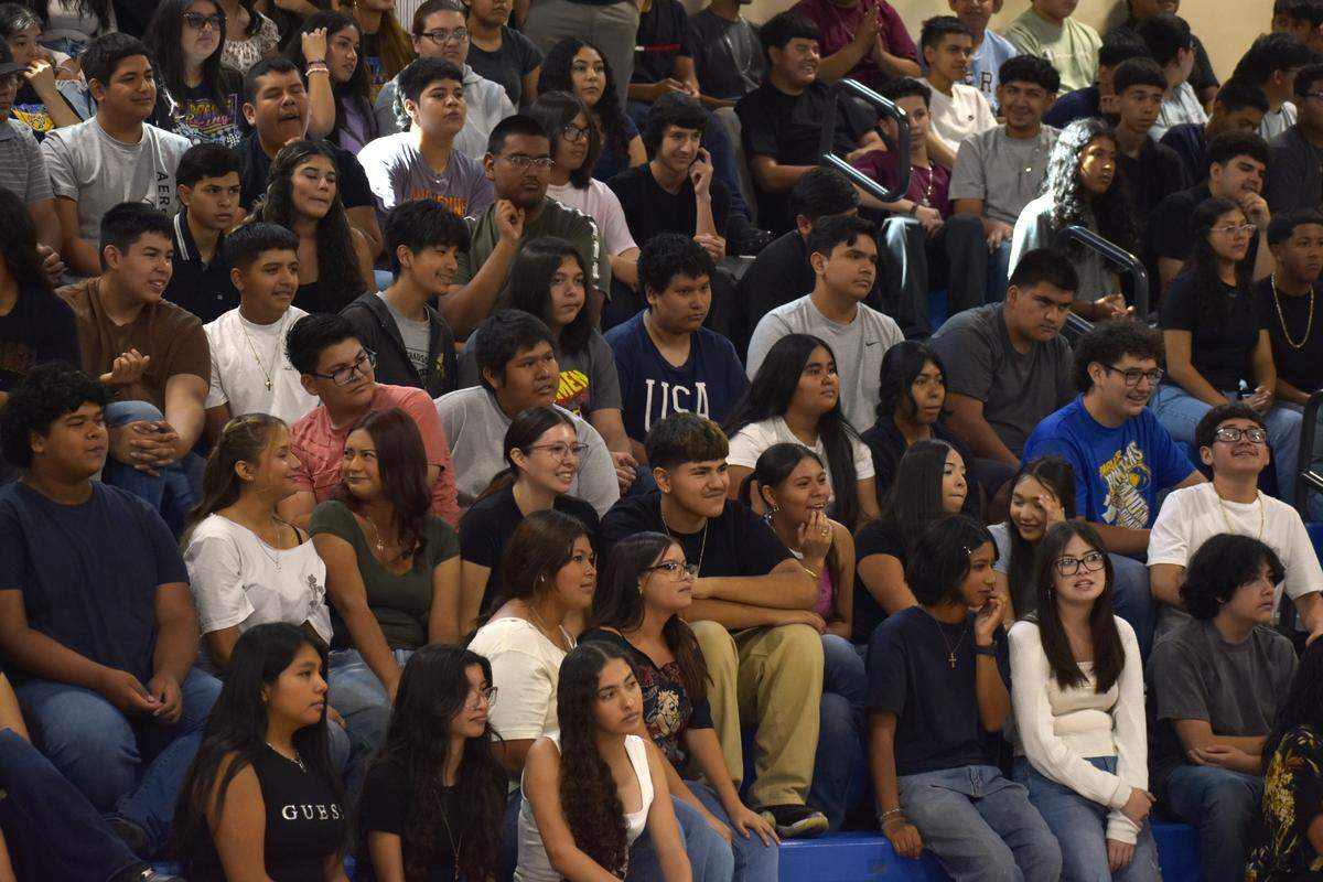 Students fill the seats in the Parlier High School gym to capacity Aug. 29, 2024, for a speech by Katya Echazarreta, the first Mexican-born woman ever to fly to space.