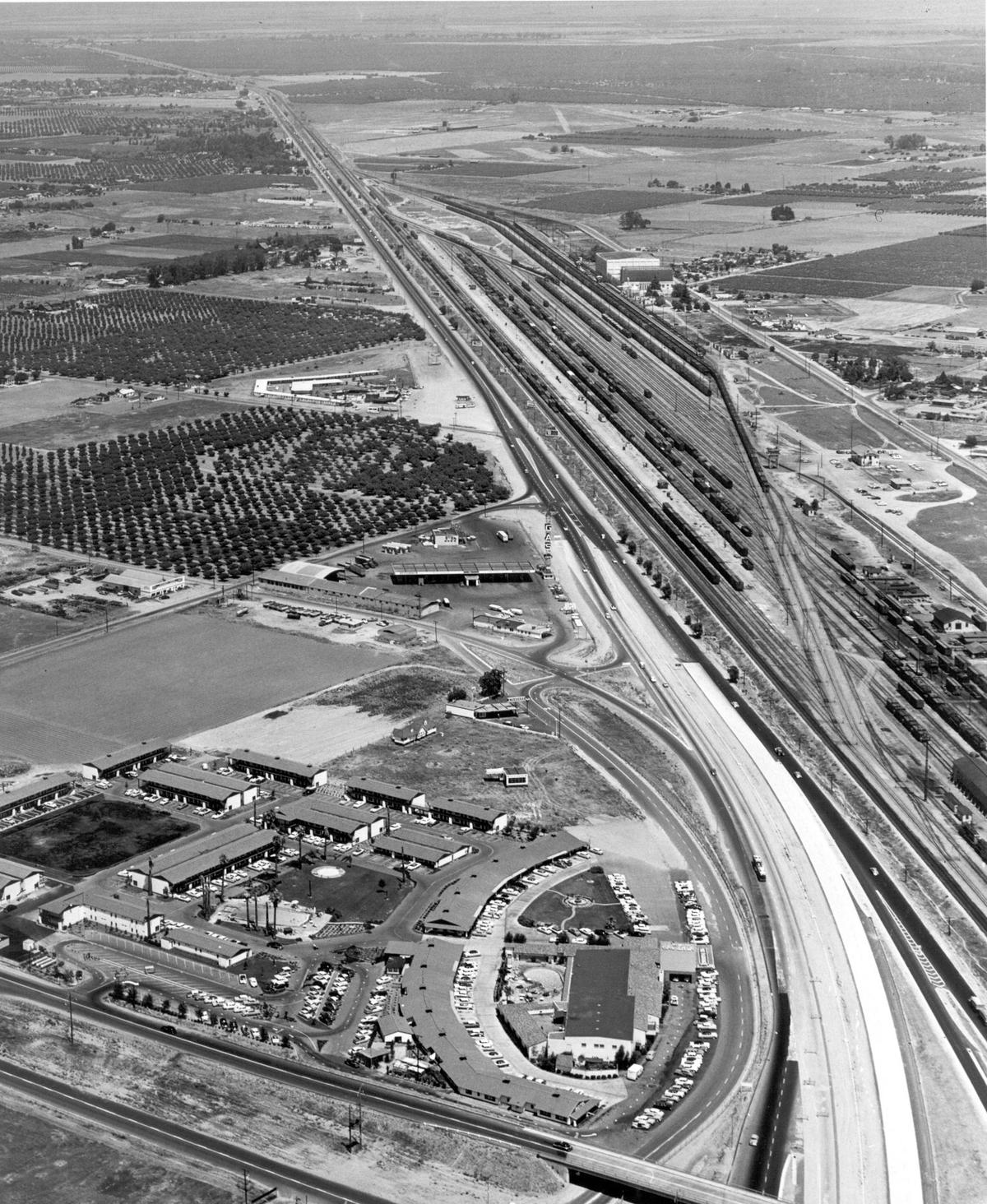 The Hacienda on Highway 99 near Belmont Avenue is shown in an aerial photo from June 1956.