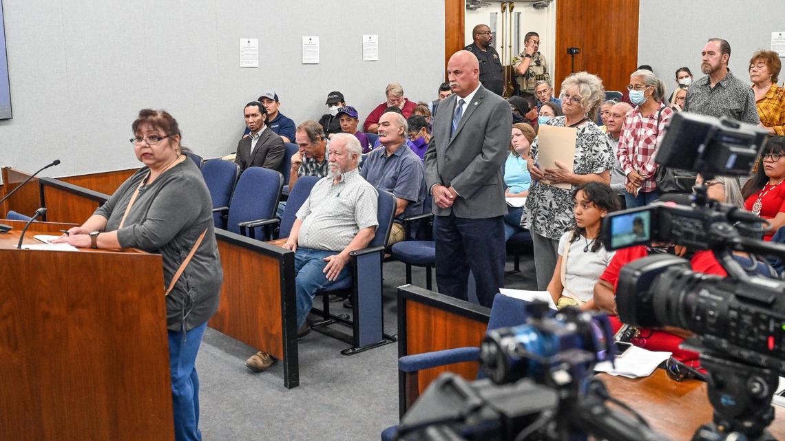 Speakers line up to discuss the renaming of Squaw valley during a public comment period for Fresno County Supervisor Nathan Magsig’s resolution during a meeting of the board of supervisors on Tuesday, Oct. 11, 2022.