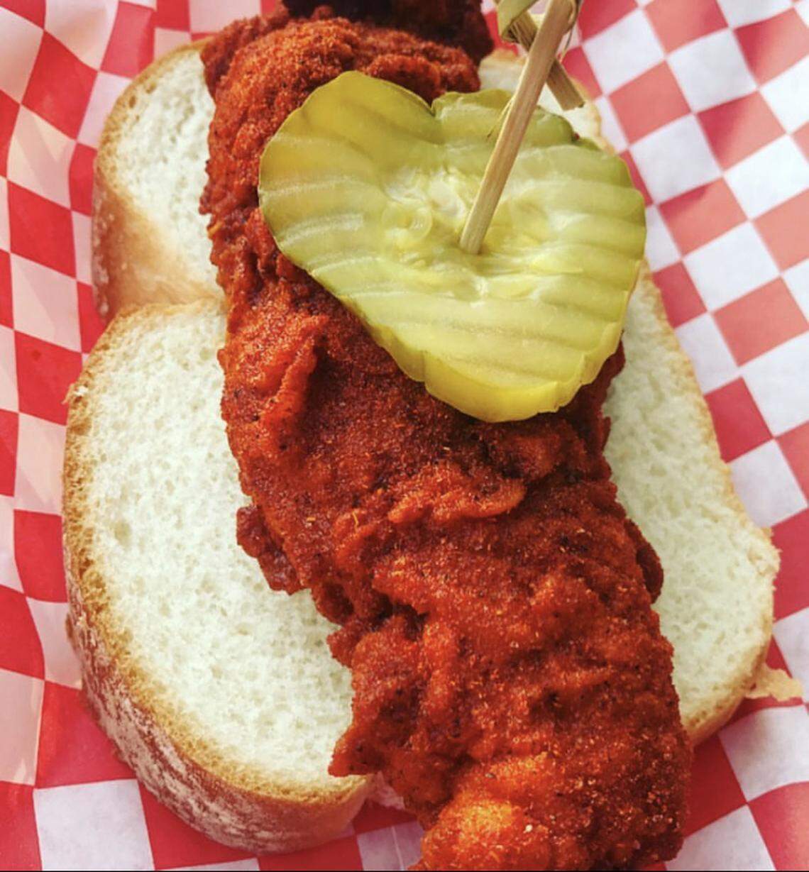 New Fresno restaurant Angry Chickz serves spicy Nashville hot chicken tenders, here served atop a slice of white bread.