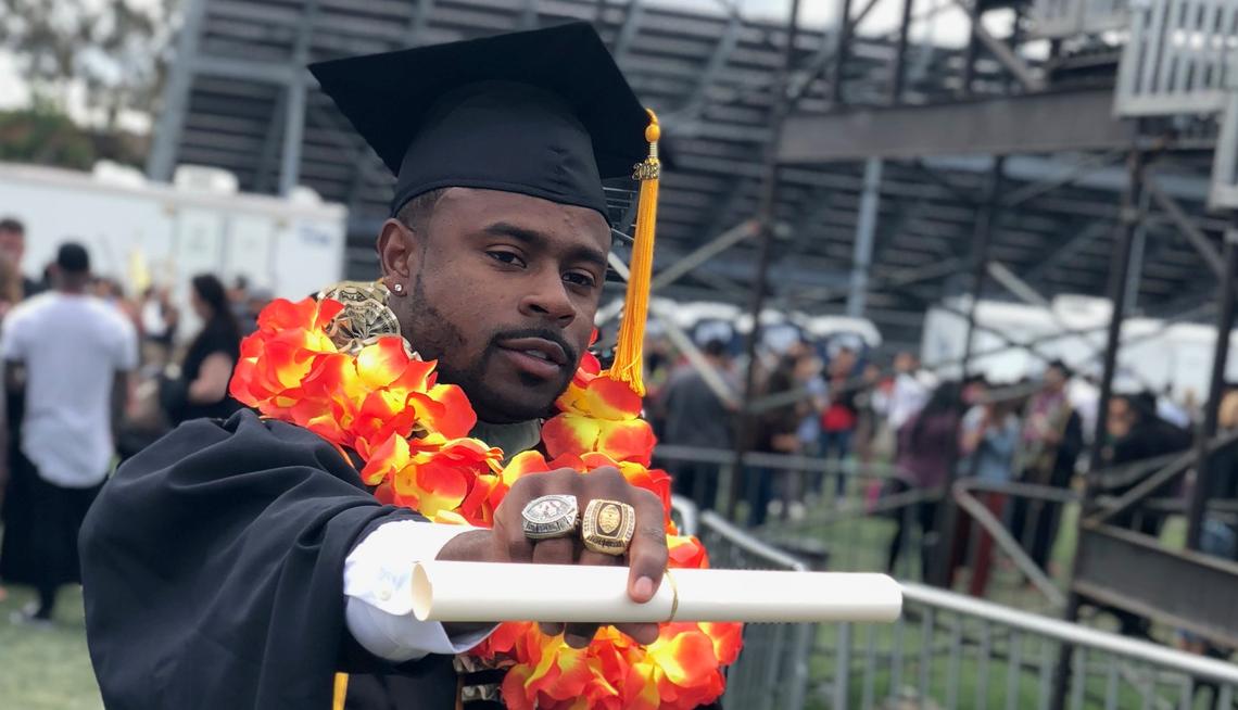 Former Fresno State cornerback Jamal Ellis shows off his Mountain West Conference championship rings from 2012 and ’13 after receiving a master’s degree in sports management from Long Beach State. “Those two rings have a special place in my heart,” Ellis said.