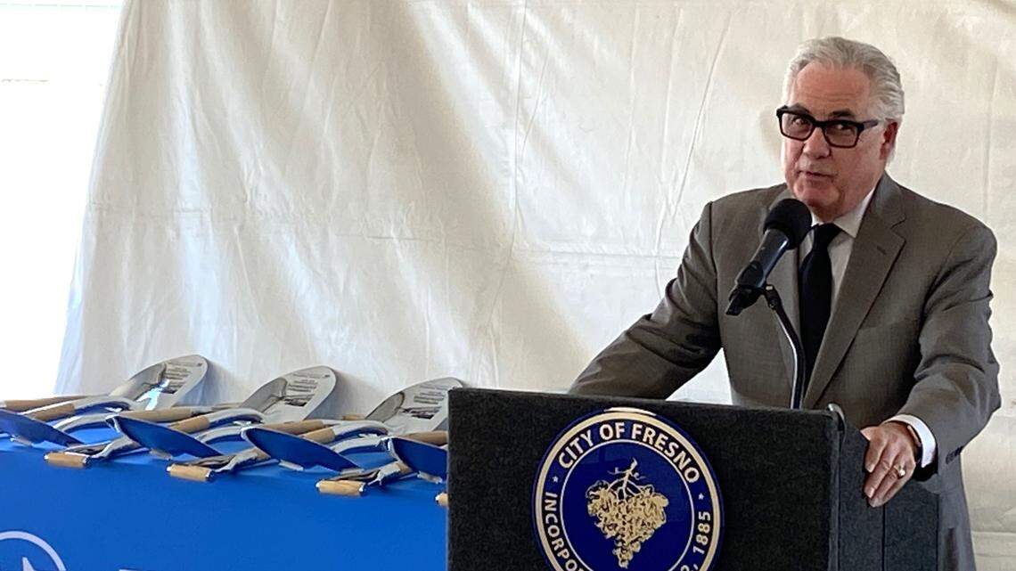 An array of ceremonial shovels awaits as state Assemblymember Jim Patterson, R-Fresno, speaks at the groundbreaking the Fresno Yosemite International Airport terminal expansion on Friday, May 19, 2023. Patterson was Fresno’s mayor in the mid- and late 1990s and 2000 when the name of the airport was changed from Fresno Air Terminal and the current terminal was last renovated and expanded.