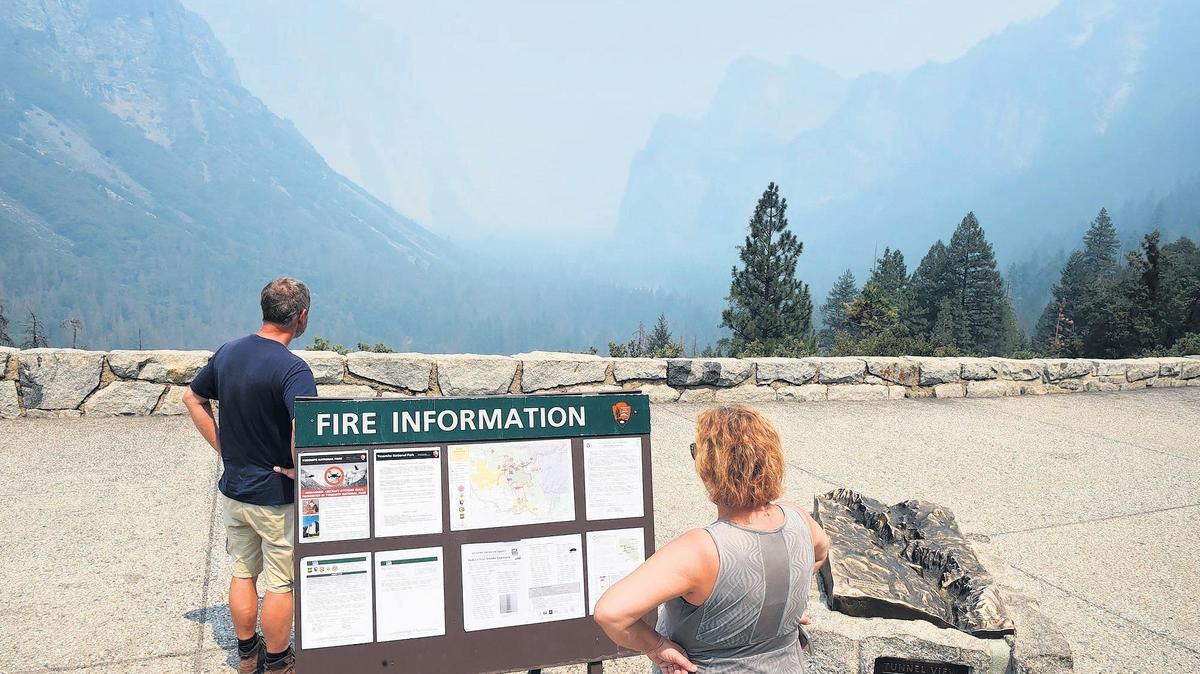 Smoke from the Ferguson Fire fills Yosemite Valley as seen from Tunnel View Tuesday, July 24, 2018 in Yosemite National Park.