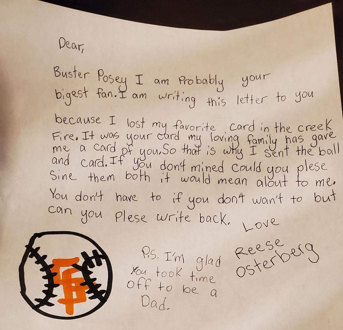 A letter Reese Osterberg, 9, recently wrote to Giants catcher Buster Posey.