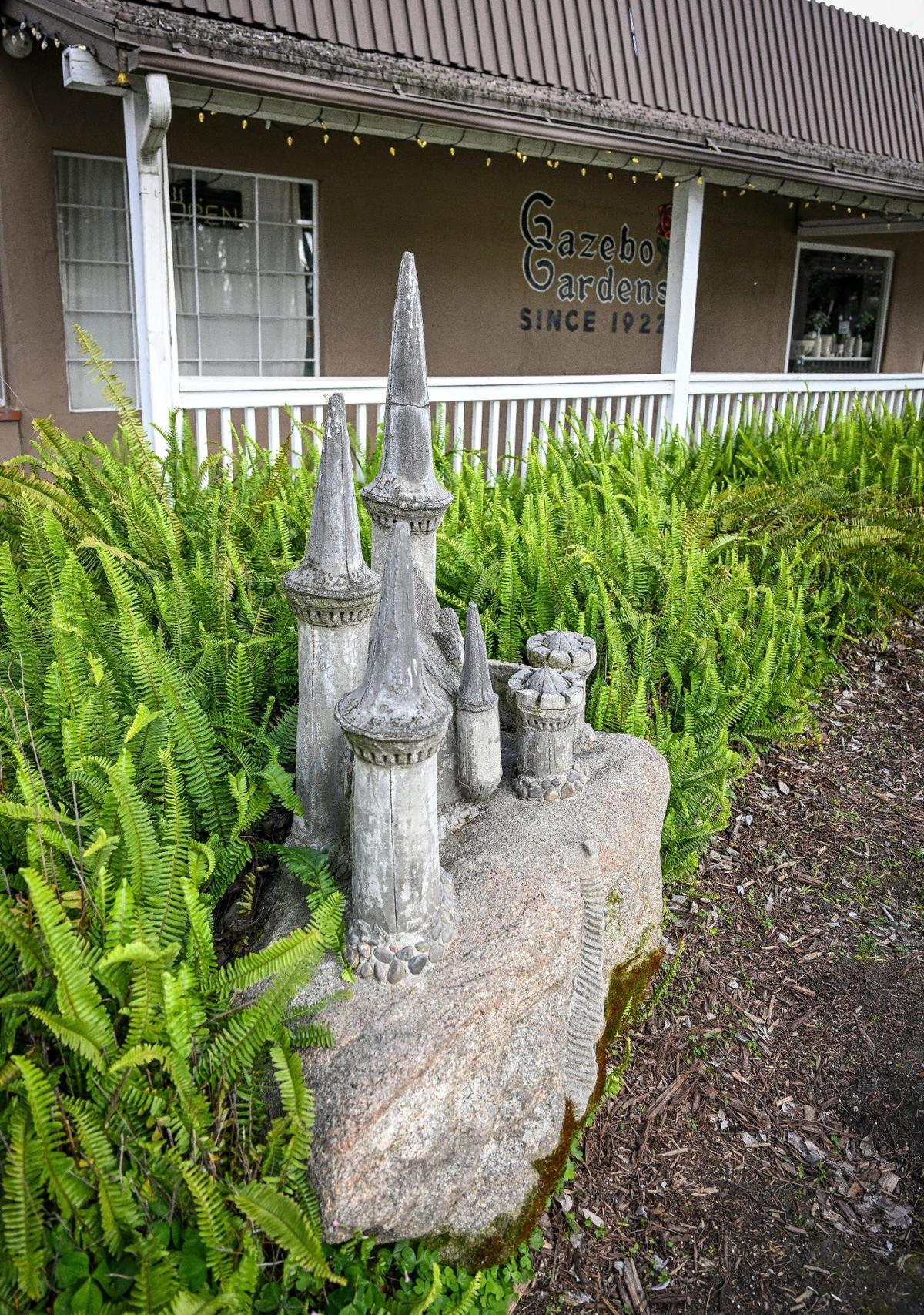 A stone castle stands at the entrance to Gazebo Gardens in Fresno.