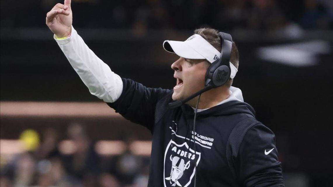 Las Vegas Raiders head coach Josh McDaniels directs his team during the first half of an NFL game against the New Orleans Saints Sunday, Oct. 30, 2022, in New Orleans.