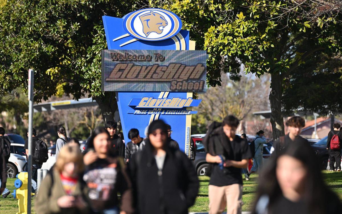 Students leave Clovis High School at the end of the school day, Wednesday, Feb. 26, 2025 in Clovis. A student who wishes to wear Native American regalia is facing pushback from the school.