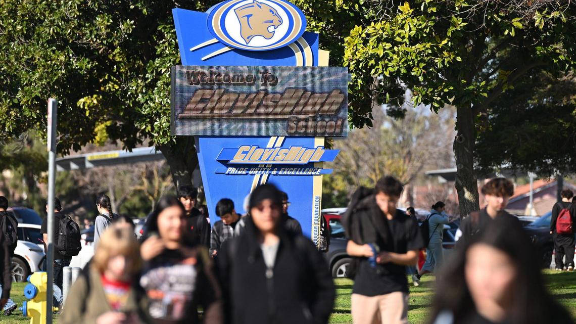 Students leave Clovis High School at the end of the school day, Wednesday, Feb. 26, 2025 in Clovis. A student who wishes to wear Native American regalia is facing pushback from the school.