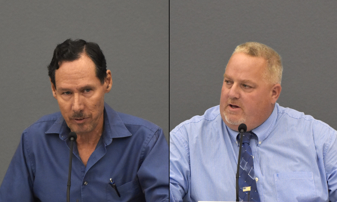 District 6 Madera City Councilmember Artemio Villegas, left, is facing a challenge for his seat in the November 2024 election from John Jasper, right, who works as a law enforcement officer. The candidates are pictured participating in an election forum in Madera on Tuesday, Oct. 3, 2024.