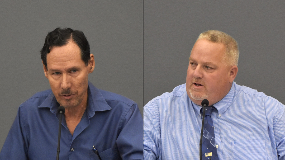 District 6 Madera City Councilmember Artemio Villegas, left, is facing a challenge for his seat in the November 2024 election from John Jasper, right, who works as a law enforcement officer. The candidates are pictured participating in an election forum in Madera on Tuesday, Oct. 3, 2024.