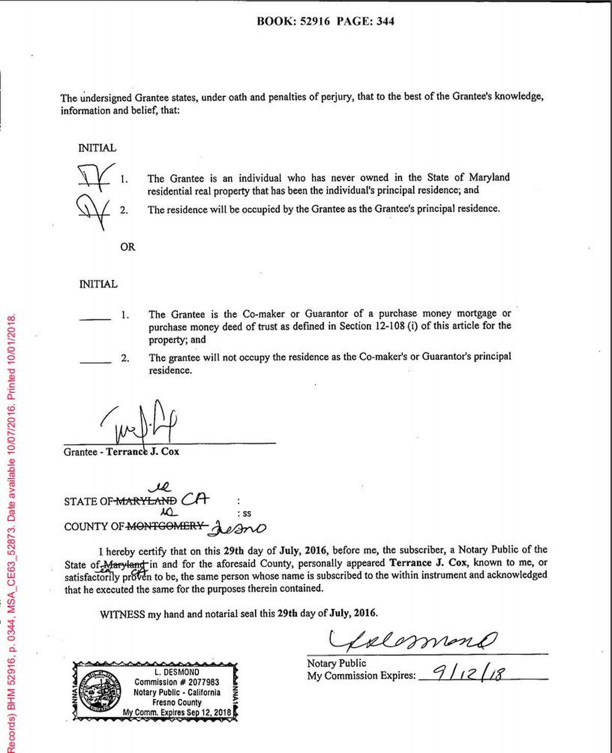 Property records from Montgomery County in Maryland show TJ Cox initialed and signed a document noting his Bethesda home was his principal residence. When The Bee first reported the residence, Cox said the state had made an error and incorrectly marked the home as his principal residence.
