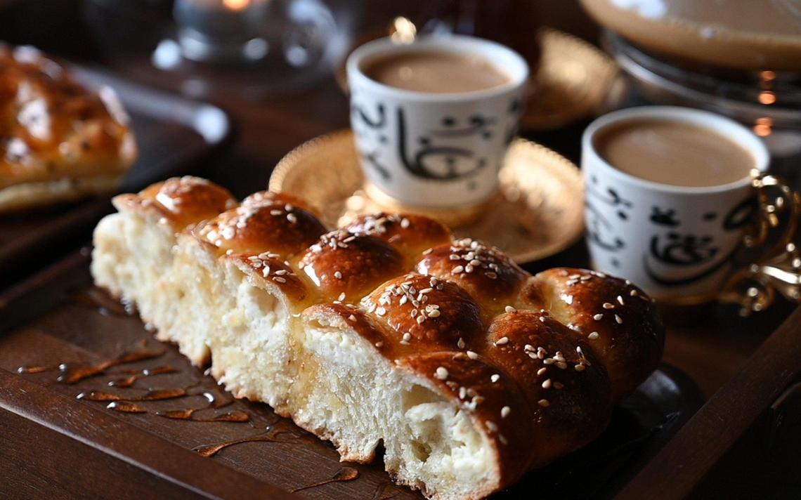A traditional Yemeni pastry called honeycomb, drizzled with honey, at the Bab-Al-Yemen Cafe.