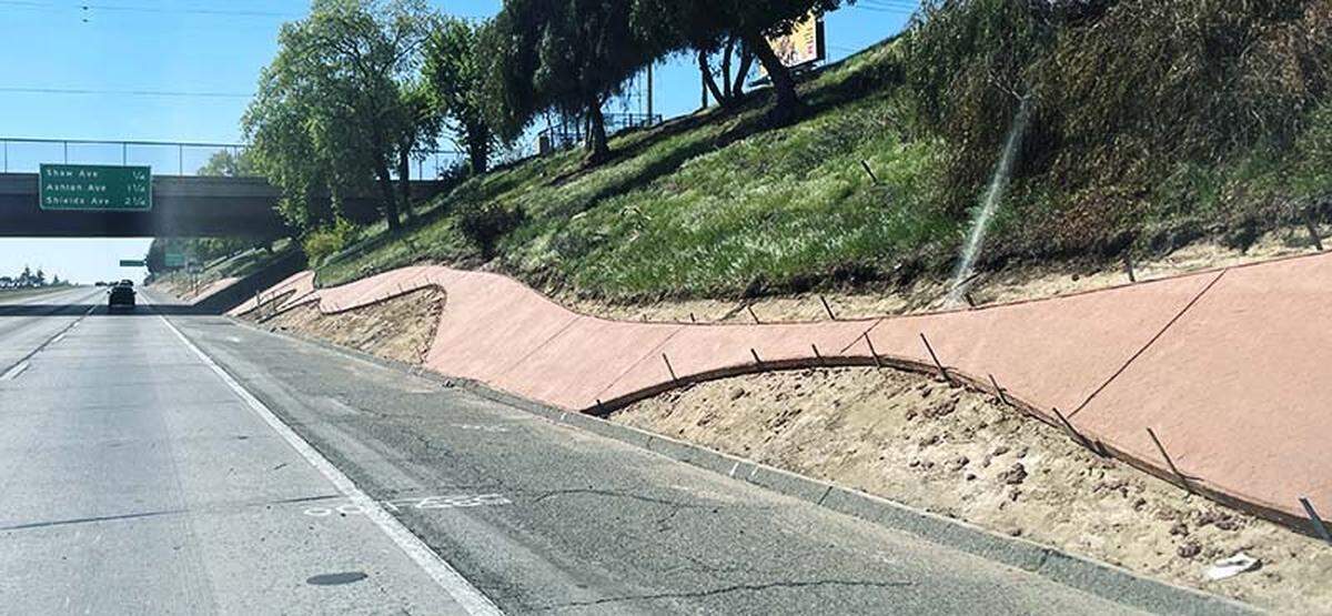 New additions along Highway 41 south of Shaw Avenue are seen from the roadway on Wednesday, March 28, 2025. A Caltrans spokesperson said they are meant to separate brush from car fires and to add distance between the traffic and landscapers maintaining the vegetation.